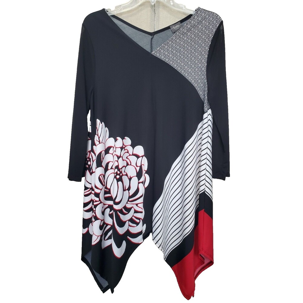 Chico's Travelers Mixed Pattern Double V-Neck Sharkbite Hem Mesh Sleeve Tunic M